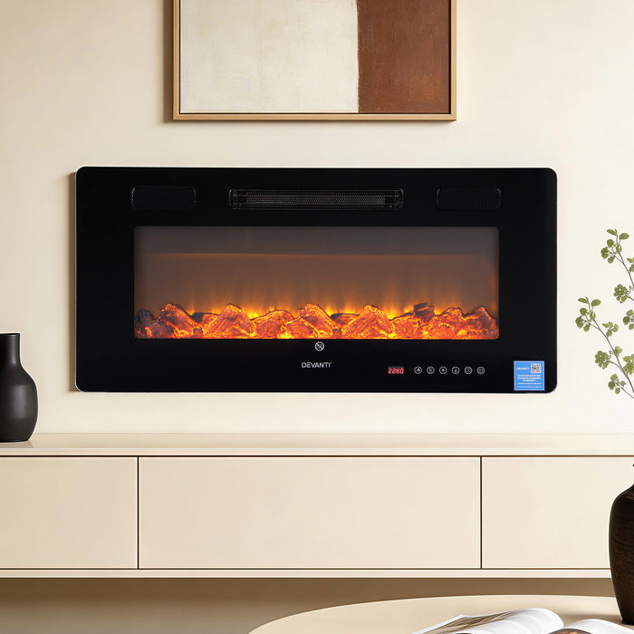 Devanti Electric Fireplace Fire Heater Wall Mounted Insert 3D Flame 1800W Remote Control - Devanti