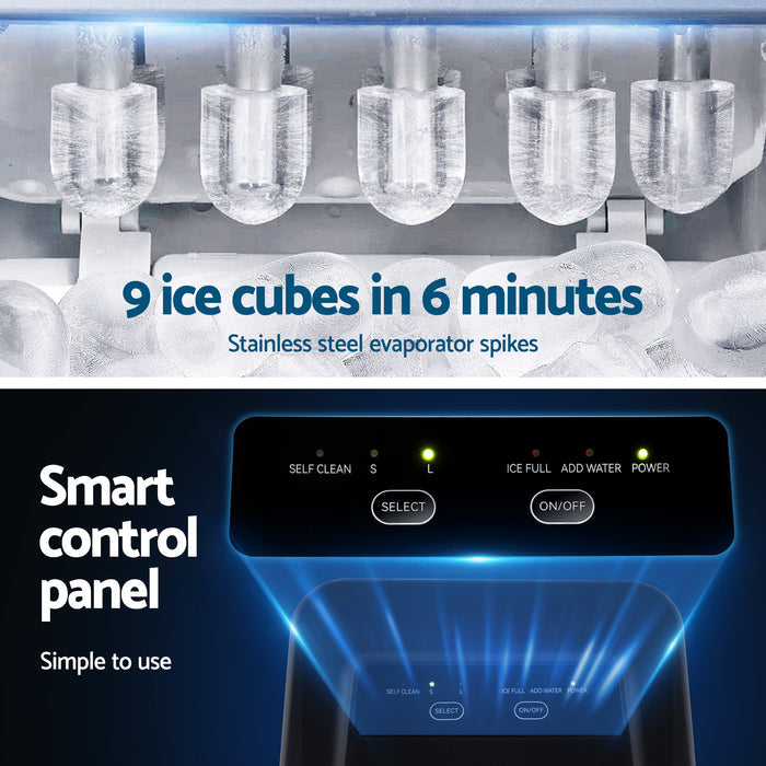 Devanti Ice Maker Machine Portable 12kg Countertop w/Self Cleaning 1.2L Black - Devanti