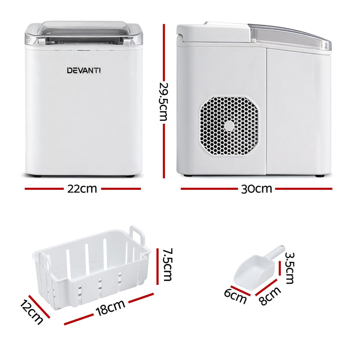 Devanti Ice Maker Machine Portable 12kg Countertop w/Self Cleaning 1.2L White - Devanti