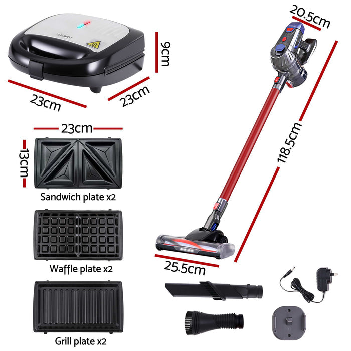 Devanti K7 Cordless Stick Vacuum Cleaner plus 3-in-1 Sandwich Maker Black
