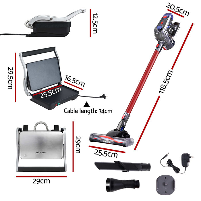 Devanti K7 Cordless Stick Vacuum Cleaner plus Sandwich Maker Panini Press Black