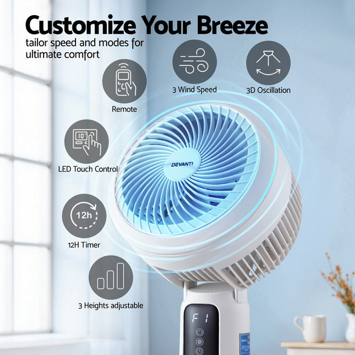 Devanti Pedestal Fan W/ Remote 3 Speed 12H Timer Height Adjustable Cooling Fan - Devanti
