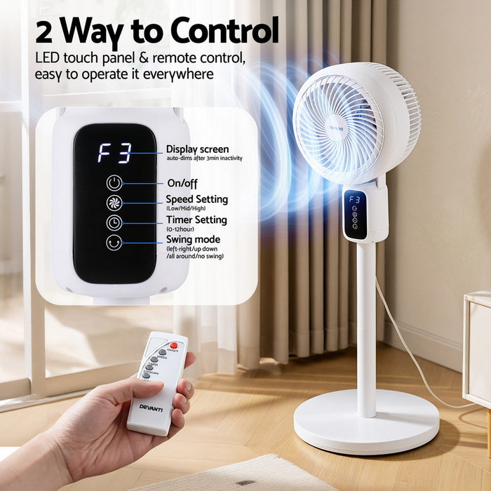 Devanti Pedestal Fan W/ Remote 3 Speed 12H Timer Height Adjustable Cooling Fan - Devanti