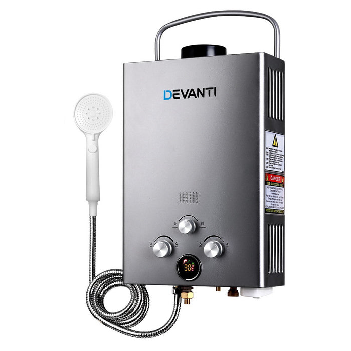 Devanti Portable Gas Water Heater 8L/Min With Pump LPG System Grey - Devanti