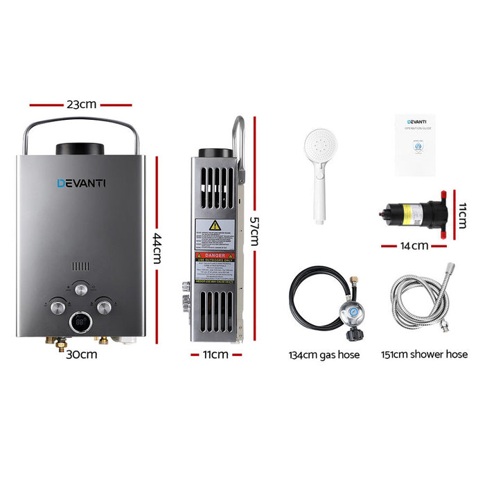 Devanti Portable Gas Water Heater 8L/Min With Pump LPG System Grey - Devanti