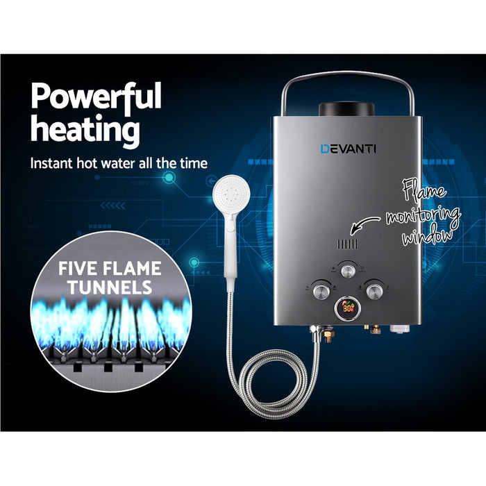 Devanti Portable Gas Water Heater 8L/Min With Pump LPG System Grey - Devanti