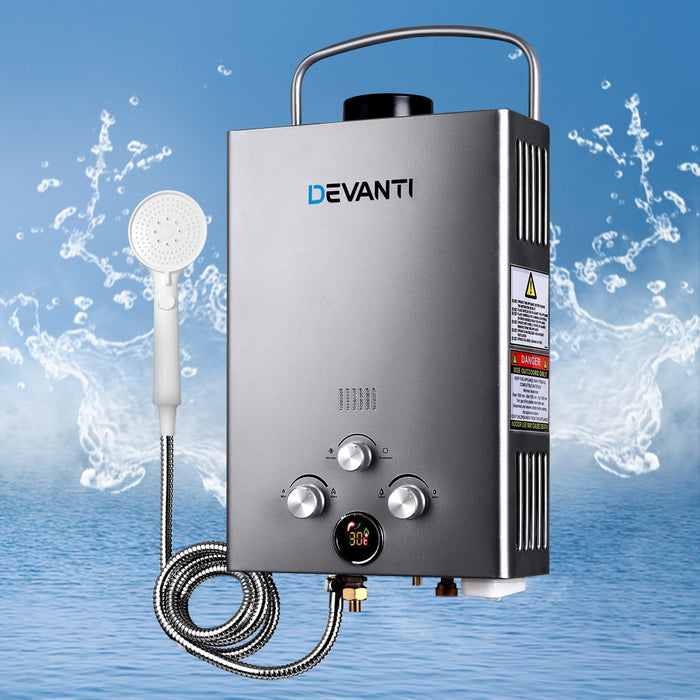 Devanti Portable Gas Water Heater 8L/Min With Pump LPG System Grey - Devanti