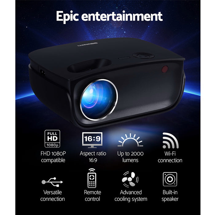Devanti Mini Video Projector Wifi USB HDMI Portable 2000 Lumens HD 1080P Home Black