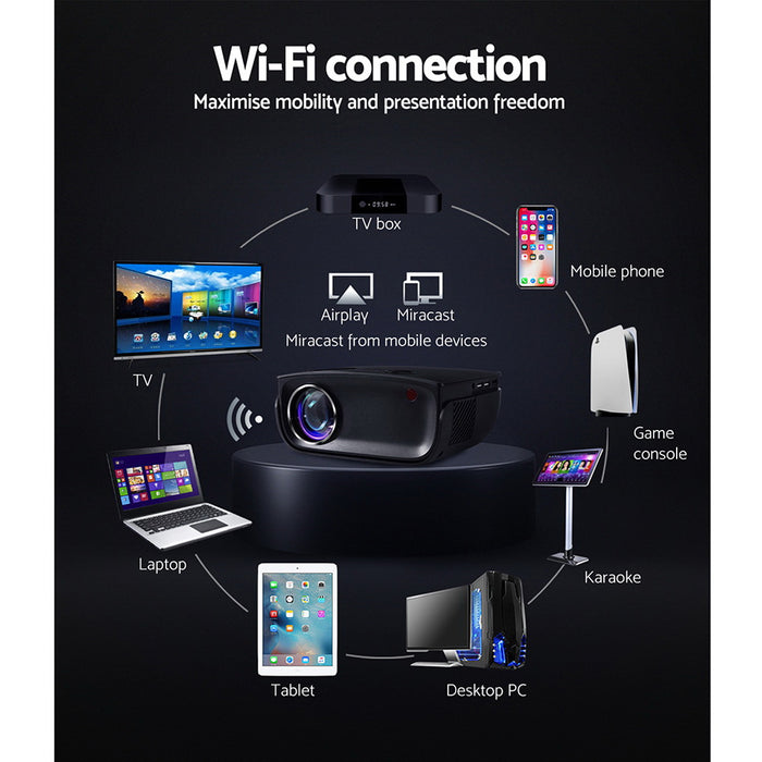 Devanti Mini Video Projector Wifi USB HDMI Portable 2000 Lumens HD 1080P Home Black