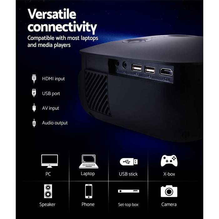 Devanti Mini Video Projector Wifi USB HDMI Portable 2000 Lumens HD 1080P Home Black