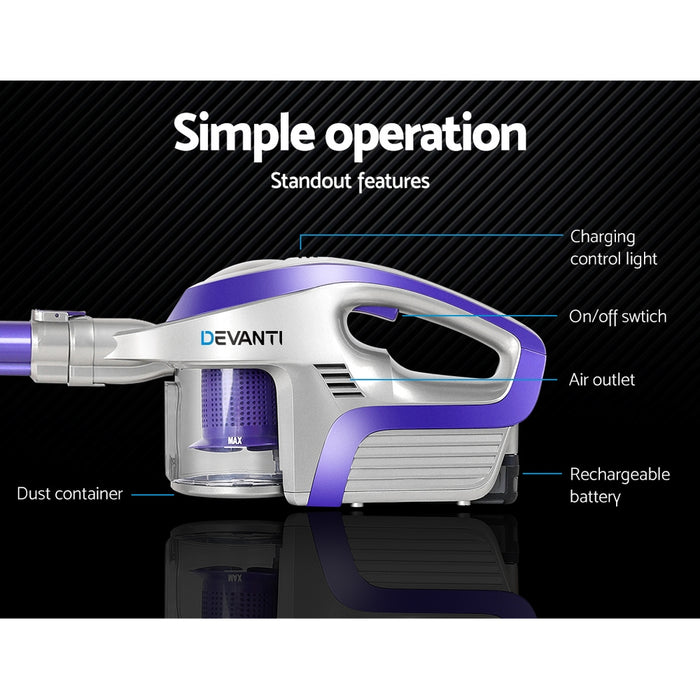 Devanti Cordless Stick Vacuum Cleaner Purple and Grey