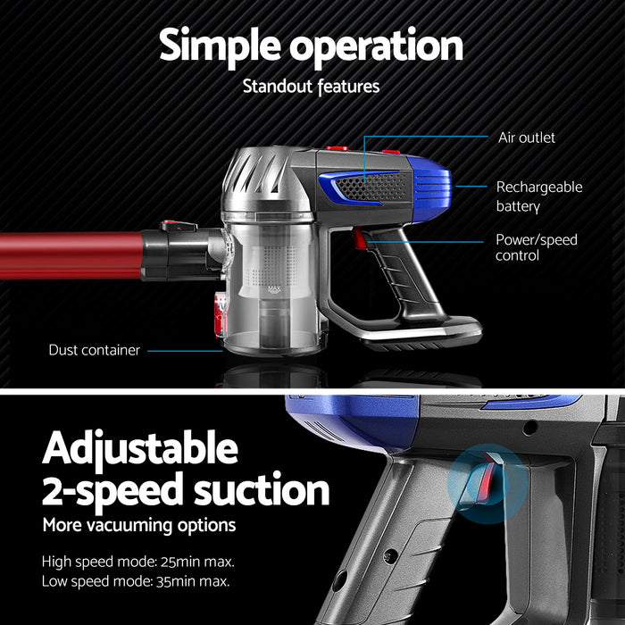 Devanti Handheld Vacuum Cleaner Cordless Stick Handstick Vac Bagless 2-Speed Headlight Red