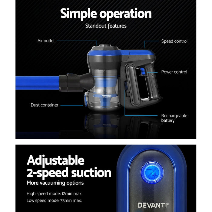 Devanti Handheld Vacuum Cleaner Cordless Handstick Stick 250W Brushless Motor - Devanti