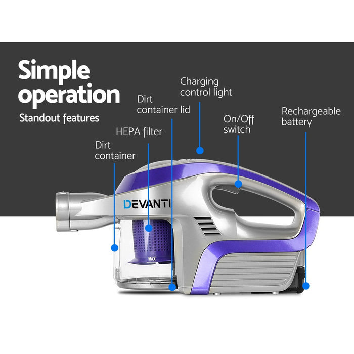 Devanti Cordless 150W Handstick Vacuum Cleaner Purple and Grey
