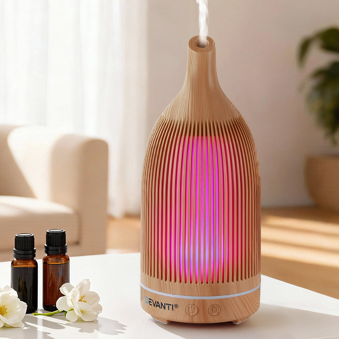 Devanti Ultrasonic Aroma Diffuser Aromatherapy 200ml LED Lights Iron Humidifier Forest Light wood grain - Devanti