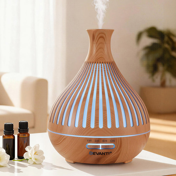 Devanti Ultrasonic Aroma Diffuser Aromatherapy 400ml LED Lights Iron Humidifier Forest Light wood grain - Devanti