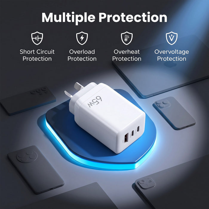 Devanti USB C Charger 65W Fast Charger 3 Port PD Wall Adapter White