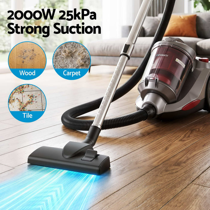 Devanti Vacuum Cleaner Bagless Canister 2000W 25kPa Powerful Suction 4L Red