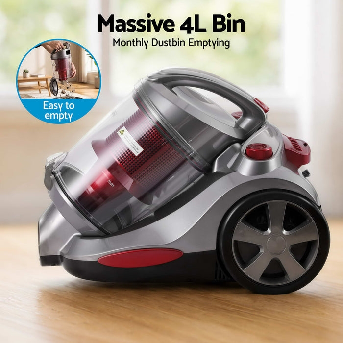 Devanti Vacuum Cleaner Bagless Canister 2000W 25kPa Powerful Suction 4L Red