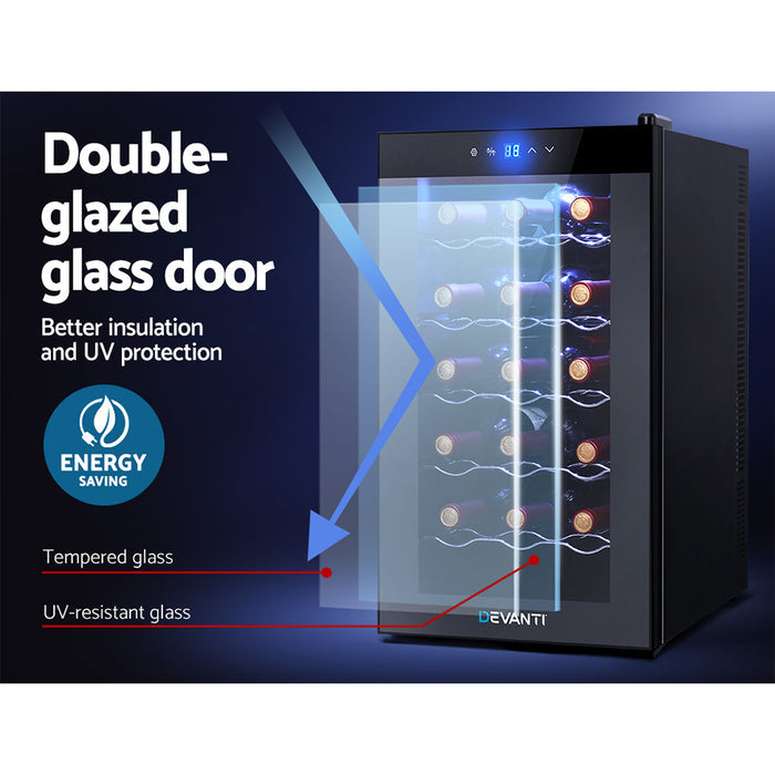 Devanti Wine Cooler 18 Bottles Glass Door Beverage Cooler Thermoelectric Fridge Black - Devanti