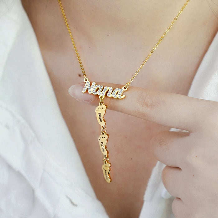 Mother's Day Gift Diamond Nana Necklace With Personalized Feet Mom Necklace MelodyNecklace