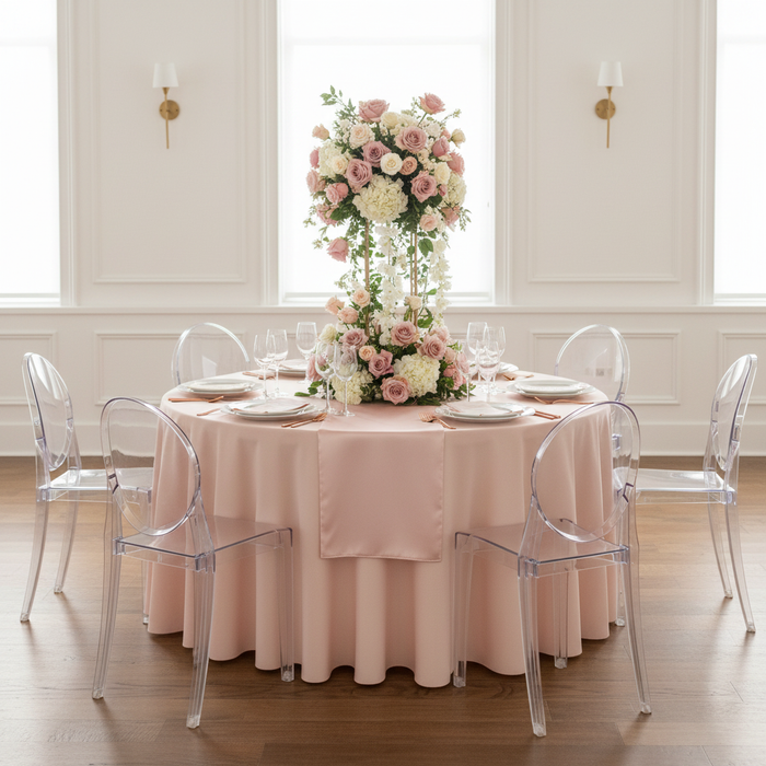 Economy Polyester Tablecloth 108" Round - Blush/Rose Gold.