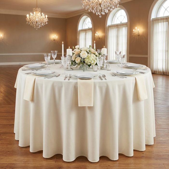 Light Ivory Economy Polyester Tablecloth Round Size: 120 in | Wedding | Event | Wholesale by CV Linens