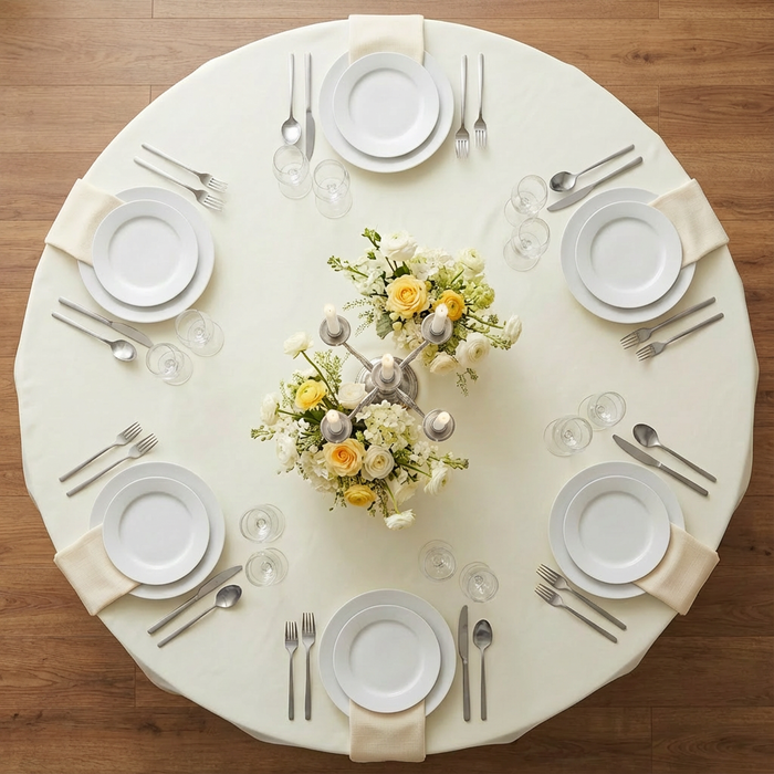 Light Ivory Economy Polyester Tablecloth Round Size: 120 in | Wedding | Event | Wholesale by CV Linens