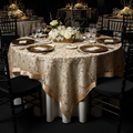 Embroidery Swirl Overlay 90"x90" Square Table Topper - Champagne with gold charger plate | wine glass | black chiavari chairs