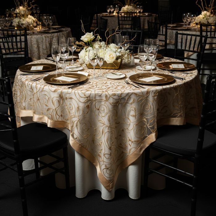 Embroidery Swirl Overlay 90"x90" Square Table Topper - Champagne with gold charger plate | wine glass | black chiavari chairs