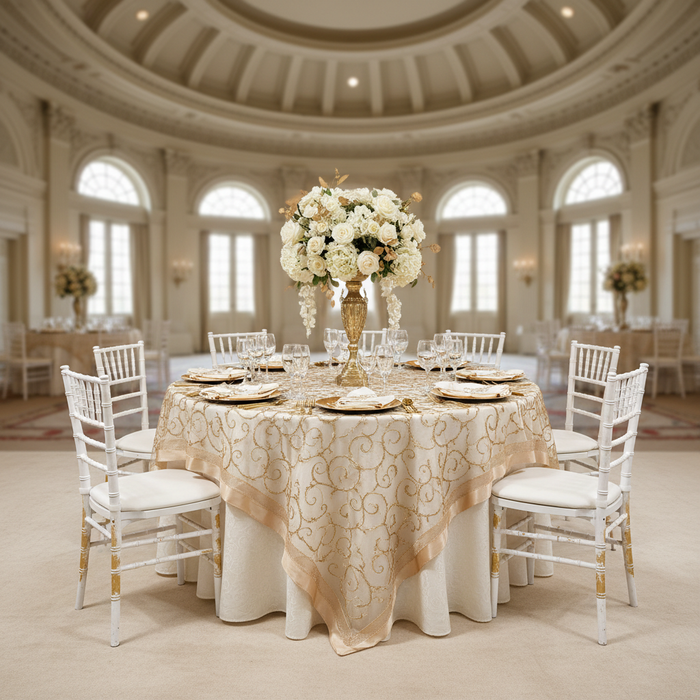 Embroidery Swirl Overlay 90"x90" Square Table Topper - Champagne with gold charger plate | white napkin | wine glass | white chiavari chairs