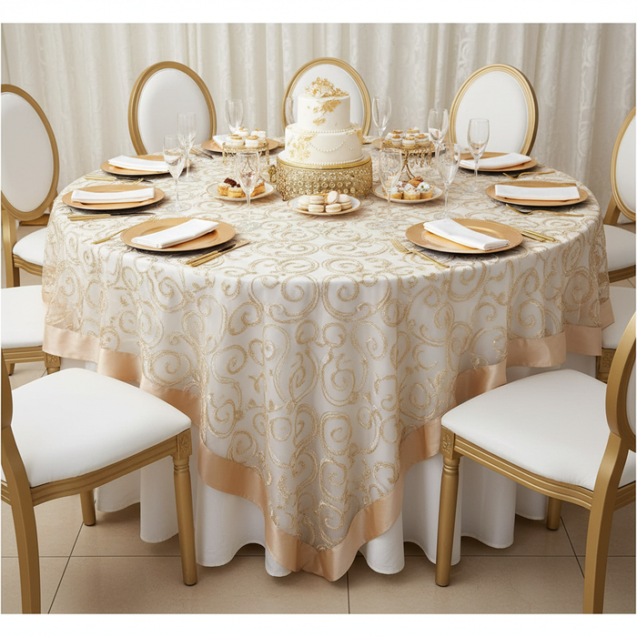Embroidery Swirl Overlay 90"x90" Square Table Topper - Champagne with gold charger plate | white napkin | wine glass |