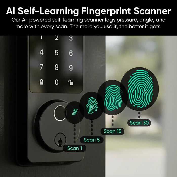 A smart fingerprint door lock with Wi-Fi control from anywhere. Up to 8 months of battery life.