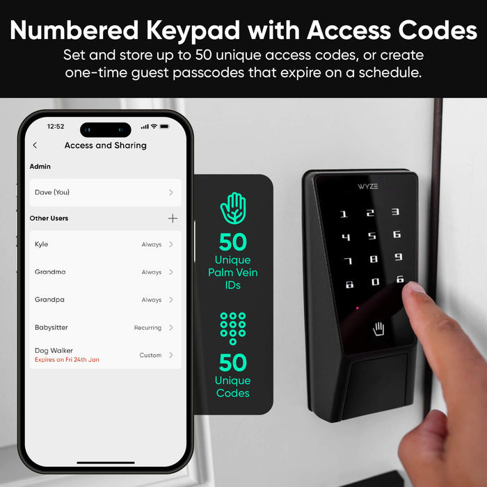 Unlock your door with a simple palm gesture. Works with wet, dirty, or gloved-off wrists.
