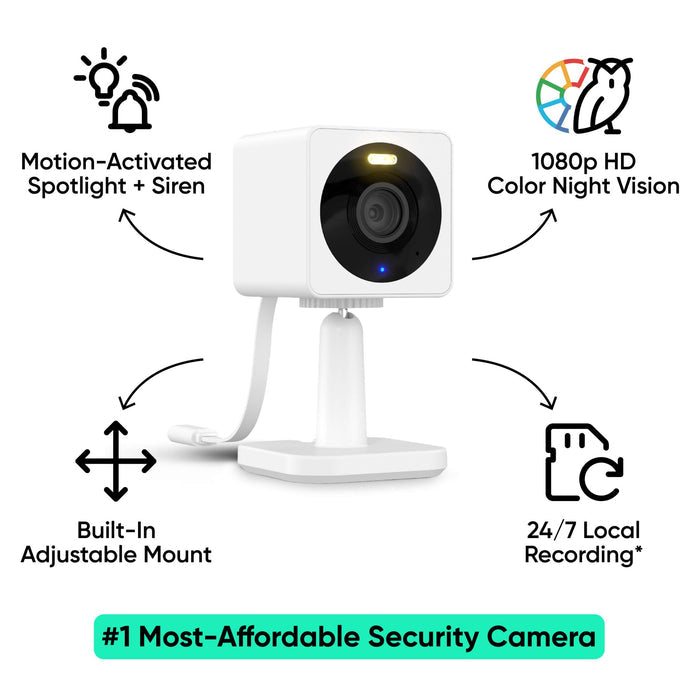 A white camera with a light on the front.
