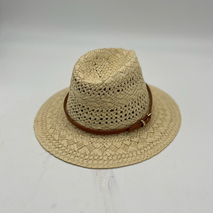 Beige Farmer Straw w/ Faux Leather Strap / Small-Medium
