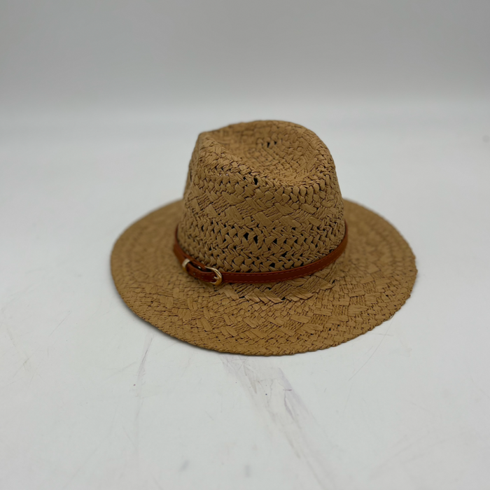 Tan Farmer Straw w/ Faux Leather Strap / Small-Medium