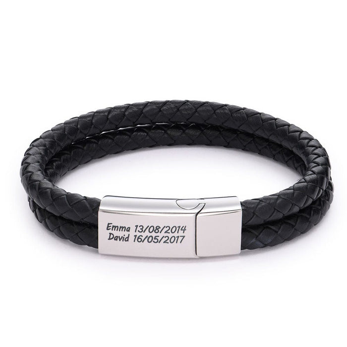 Father's Day Gift for Dad Engraved Bracelet for Men with Black Leather Silver Bracelet For Man MelodyNecklace