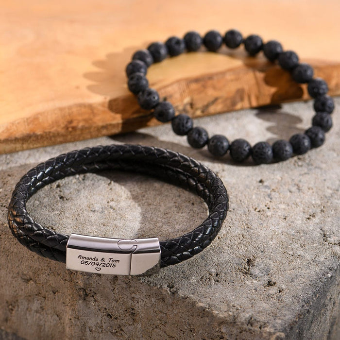 Father's Day Gift for Dad Engraved Bracelet for Men with Black Leather Bracelet For Man MelodyNecklace