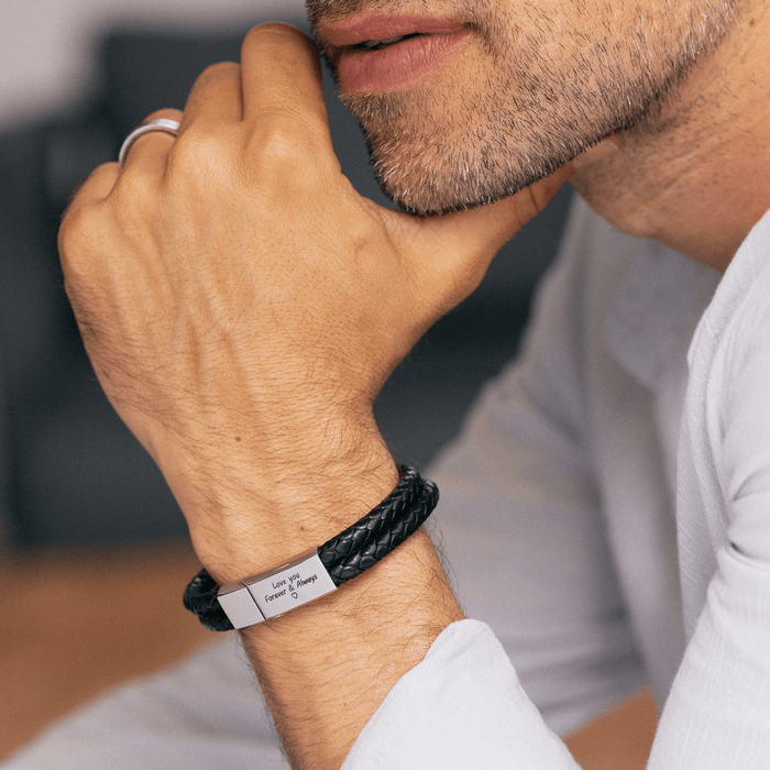 Christmas Gift for Dad Engraved Bracelet for Men with Black Leather Silvery / 15cm Bracelet For Man MelodyNecklace