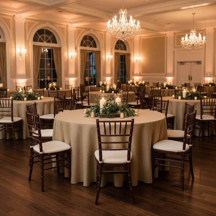 restaurant setup with Faux Burlap Tablecloth 120" Round - Natural Tan