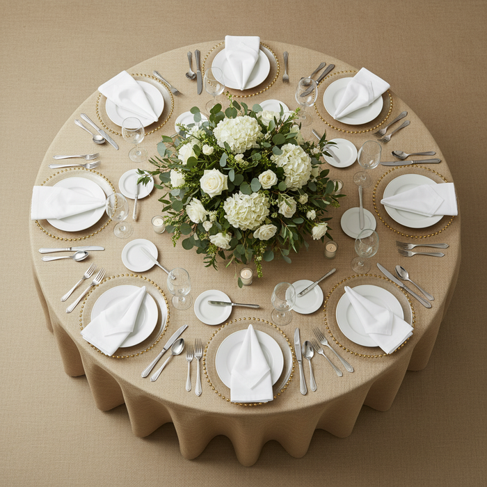 top view of Faux Burlap Tablecloth 120" Round - Natural Tan