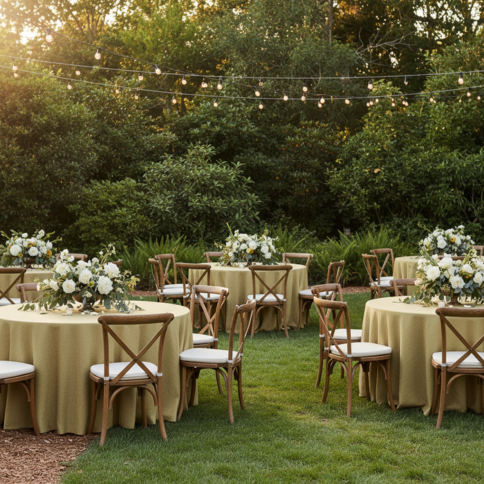 outdoor garden intimate birthday celebration with Faux Burlap Tablecloth 120" Round - Natural Tan