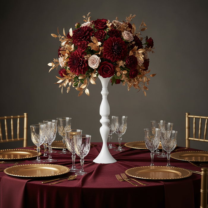 Flower Vase Riser Holder Centerpiece Stand 20"H - White with gold charger plate | glass goblets | gold chiavari | burgundy tablecloth | burgundy napkin