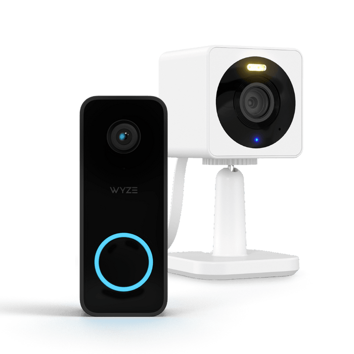 A black and blue camera with a white base.