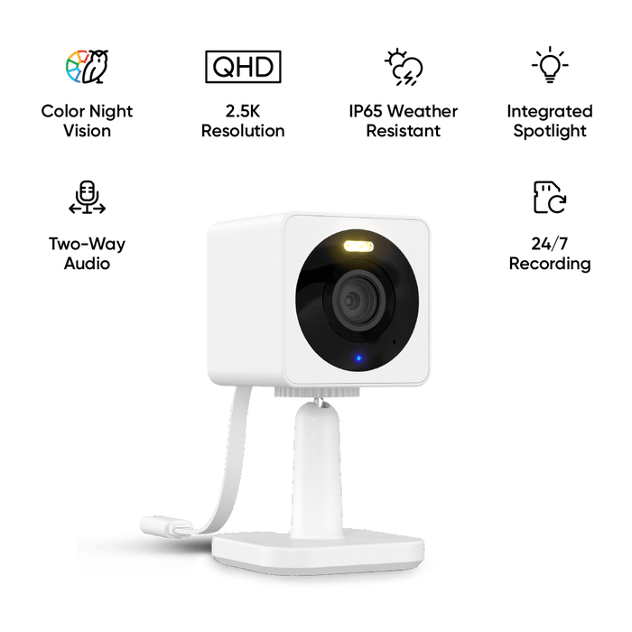 A white camera with a black cord.