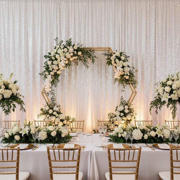Glitz Sequin 12ft H x 52" W Drape/Backdrop panel - Iridescent White with geometric arch | flower premade runner |