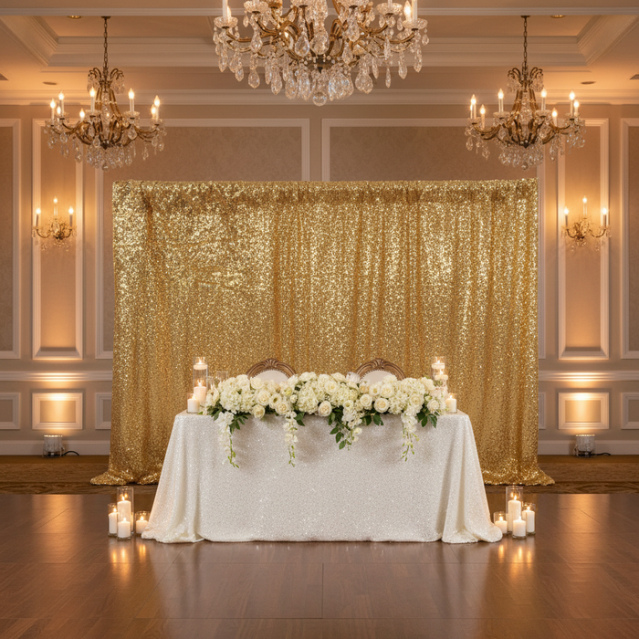 sweetheart table with Glitz Sequin 14ft H x 52" W Drape/Backdrop panel - Gold