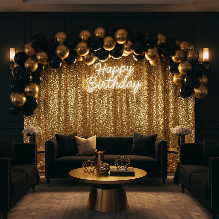 birthday lounge with Glitz Sequin 14ft H x 52" W Drape/Backdrop panel - Gold
