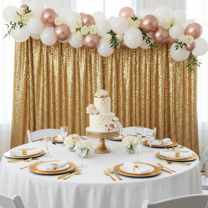 bridal shower with Glitz Sequin 14ft H x 52" W Drape/Backdrop panel - Gold